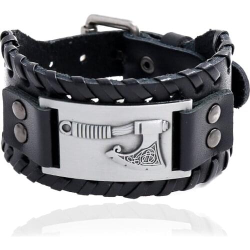 Charms Viking Axe Hammer Wide Wrap Bangle Braided Genuine Leather Watch Strap Bracelet Jewelry Punk Men Jewelry Christmas gift