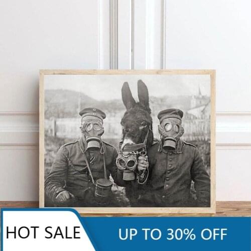 World War I Black White Photo Wall Art Canvas Painting Posters Prints A Donkey and Two German Soldiers Antique Wall Decor