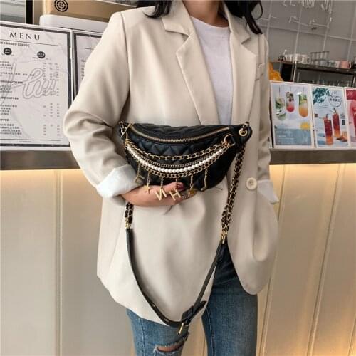 Women Chain Waist Bag High Quality Shoulder Crossbody Chest Bags Gold Letters Female Plaid Belt Bag