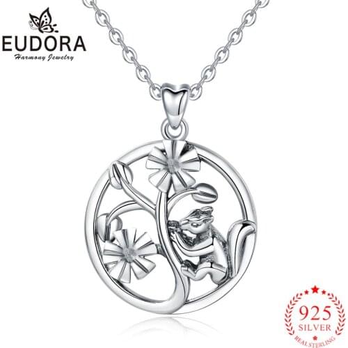 EUDORA fun squirrel pendant eating pine cone on pine tree necklace animal vintage sterling silver jewelry women best gift D484