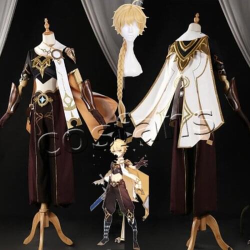 Genshin Impact Traveler Aether Game Suit Cool Gothic Uniform Cosplay Costumes Aether Traveler Golden Braid Hair Wigs Halloween