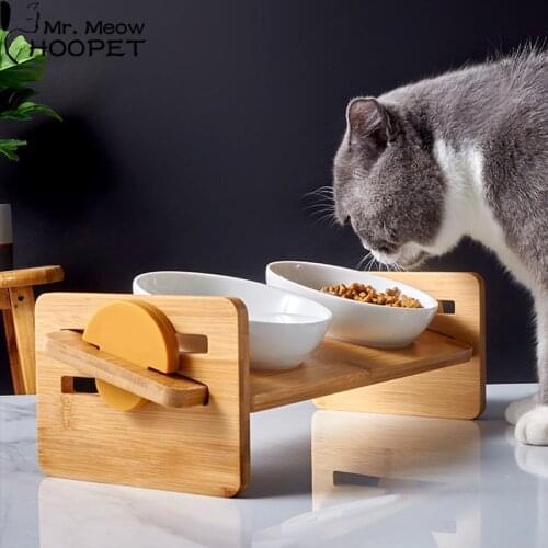 Hoopet 15 Degree Cat Neck Care Bowl Dog Elevated Bowls Height Adjustable Food Water Pet Ceramics Dishes Bamboo Stand