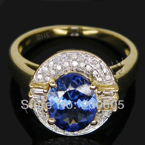 LOVERJEWELRY New 2.96Ct Natural Diamond AAAA Blue Tanzanite Wedding Ring Solid 14K Yellow Gold For Sale