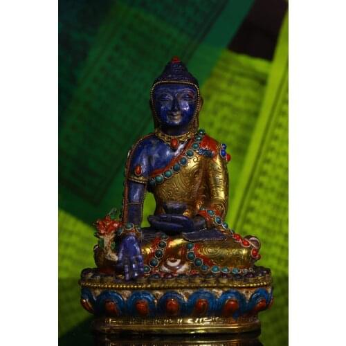 Tibetan Temple Collection Old natural lapis lazuli outline in gold mosaic Gem Gem Dzi Bead Medicine Buddha Ornaments Town House