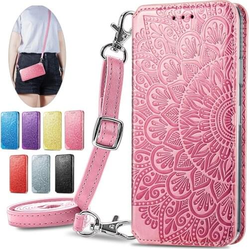Purse Flip Card Pouch Cover For Samsung Galaxy A72 A70 A02 M02 M10 F62 Note 20 Ultra 10 Plus Case Strap Neck Lanyard Rope Funda