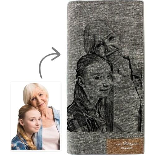 Personalized Custom Long Section Grey Bifold Slim Leather Womens Wallet Engraving Picture Purse Money Clip Mothers Day Gift