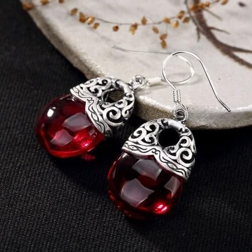 Earings Fashion Jewelry Pure Silver, Hollowed Out Clouds, Antique, High-grade Garnet, Pomegranate Red, Ladys Ear Earrings