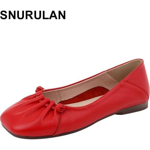 SNURULAN Women Genuine Leather Flats Shoes Woman Loafers Square Toe Spring Autumn Comfortable Flat Casual Shoes Plus Size 35-42