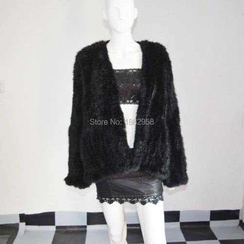 SJ412 XXL Black Color Rabbit Fur Jacket 2019 Popular 1*1 Hand Knitting Female Coat with Pockets