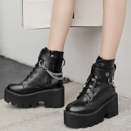Pu Leather Gothic Black Boots Women Heel Sexy Chain Chunky Heel Platform Boots Female Punk Style Ankle Boots Zipper
