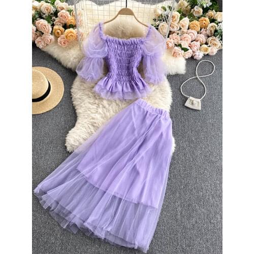 Women Sexy Mesh Two Piece Set Red/Purple/Yellow Square Collar Short Tops + A-Line High Waist Skirt Elegant Female Suits Summer