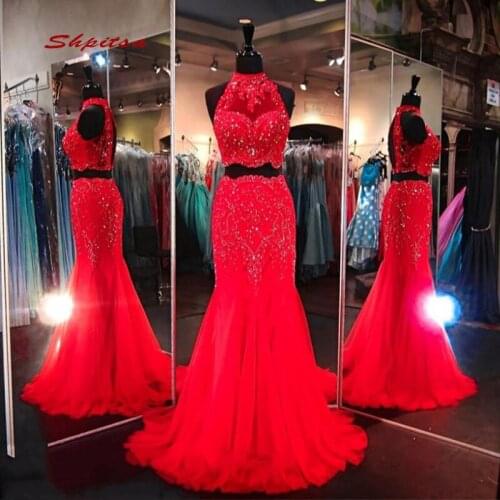 Red Two 2 Piece Lace Evening Dresses Mermaid Long Party Halter Tulle Women Ladies Prom Formal Evening Gown Dress for Weddings