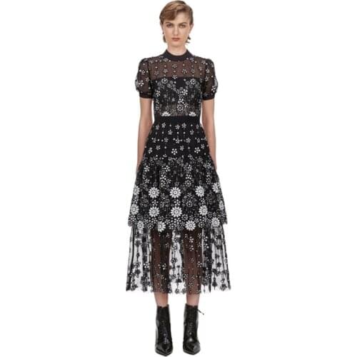 New Self Portrait Vantage Dress 2021 Spring Summer Design Black Mesh Sequin Embroidered Midi Dress O-Neck Short Sleeve For Women