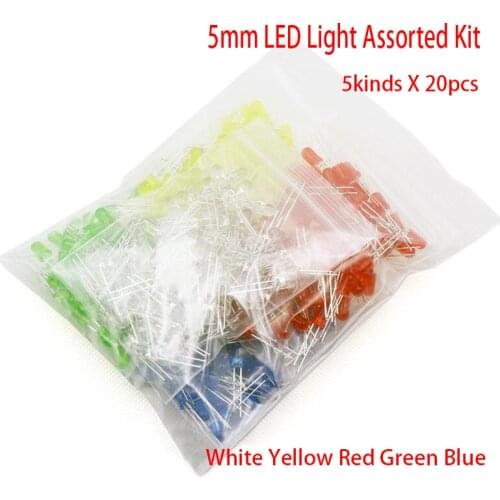 100pcs 5mm LED Light Assorted Kit DIY LEDs Set White Yellow Red Green Blue 5kinds X 20pcs