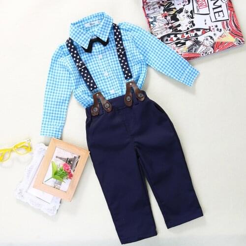 Fashion Casual Boy Suit Toddler Baby Boy Bow Tie Plaid Shirt+Suspender Pants Trousers Outfits 2pcs