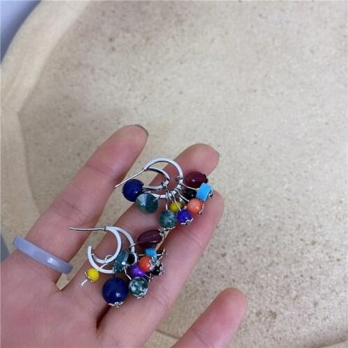 AOMU Retro Ethnic Handmade Colorful Beads Metal Geometric Contrast Drop Earrings for Women Fashion Trip Personality Jewelry Gift