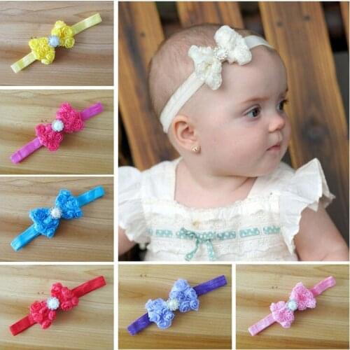 Kids Girls Headbands New 2014 Lace Rose With CZ Diamond Boutique Hair Bows & Elastic Hair Band Kids Accessory 30Sets/lot