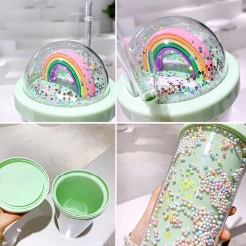 Double Layers Rainbow Plastic Water Bottle With Straw Korean style Creative Sweet Mug For Milk Coffee Tea Cup 550ml