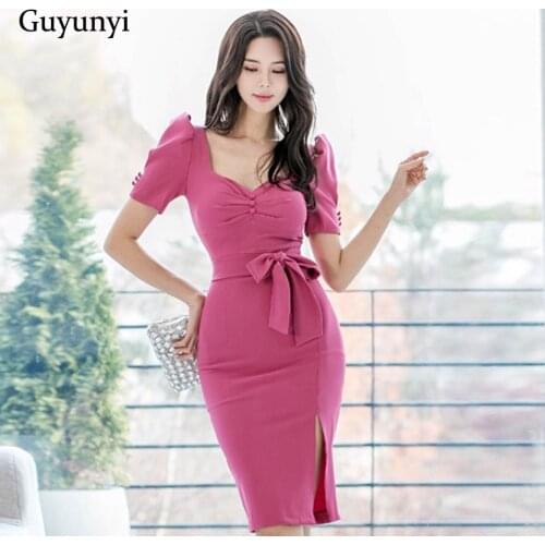 Korean Elegant Office Dress 2021 Spring Plain Bubble Short Sleeved Decorative Buttons High Waist Tight Slim Party Dress Women
