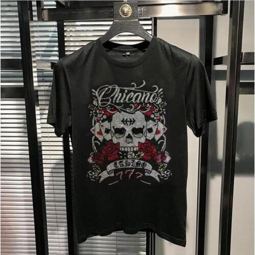 Flower and skull cool 100% cotton short sleeve summer Rhinestones men T shirt casual summer men t-shirt male tee shirt