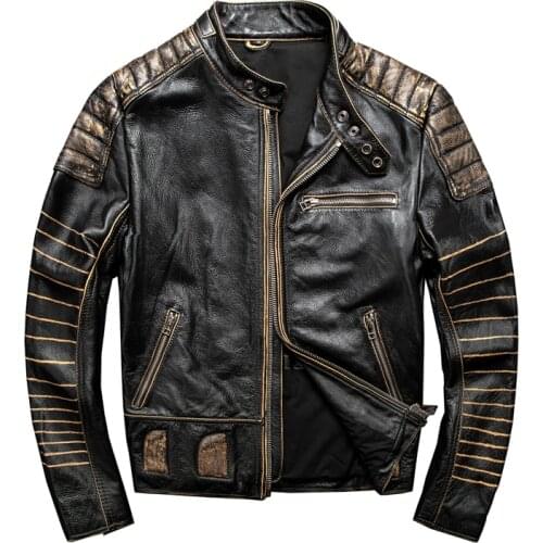 Genuine Leather Jacket Men Clothing Vintage Classic Male Real Cowhide Jacket Coat Bomber Punk Motorcycle Biker Outwear Plus Size