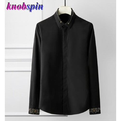 Fashion Small Rivet design men Shirt 2019 Brand Casual male dress shirts Long sleeve Solid Slim Chemise homme Streetwear camisa