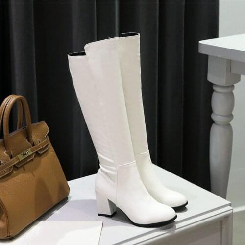 YMECHIC Fashion White Black Elastic Pu Leather Block High Heel Knee High Boots Women Autumn Winter Woman Shoes Elegant Long Boot