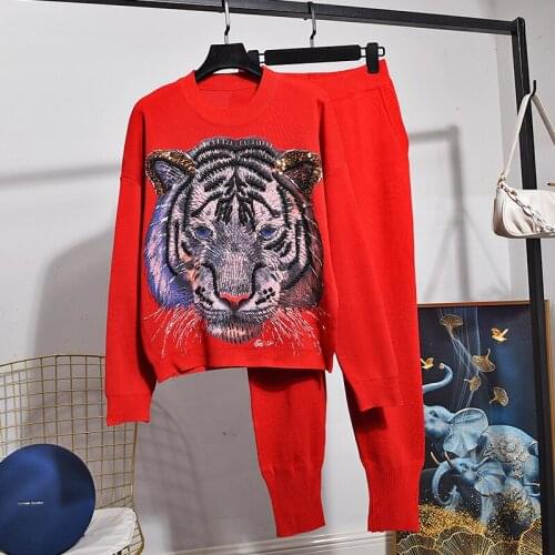 Fashion Red White Black Knitted Tracksuits Set Women Beading Tiger Pattern Sweater Pencil Pants Outfits Female Loose Knit Suit