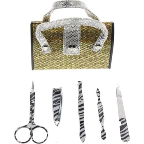 5Pcs/Set Zebra Printed Professional Handbag Shape Glitter Manicure Pedicure Set Nail Care Kit Tool For Women Girl Child Kid Gift