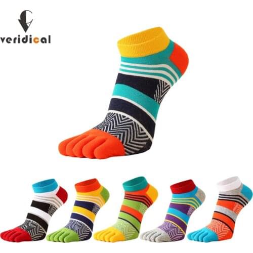 5 Pairs Bright Color Ankle Five Finger Socks Man Cotton Striped Patchwork Mesh Breathable Street Fashion No Show Socks With Toes