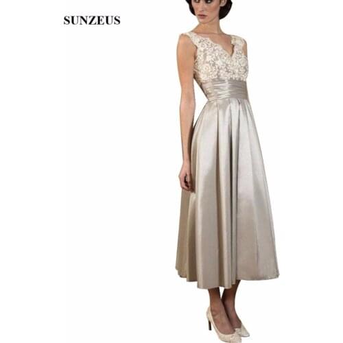 Silver Grey Tea Length Mother Of The Bride Dresses A-line V-neck Tank Lace Groom Mother Gowns Wedding Party Wear CM0142