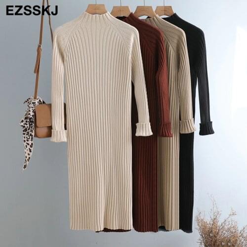Thick autumn winter straight sweater dress warm chic basic knit dress women loose midi dress Female casual dress