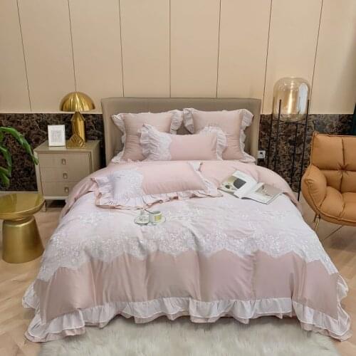 Luxury 1200TC Egyptian Cotton Chiffon Lace Embroidery Princess Bedding Set Ruffles Duvet Cover Quilt Cover Bed Linen Pillowcases