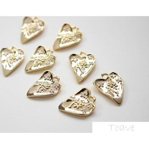 2pcs Rose Heart Inlaid Zircon Crooked Heart Love Pendant Copper Plating 18K Gold Color DIY Earrings Materials Accessories