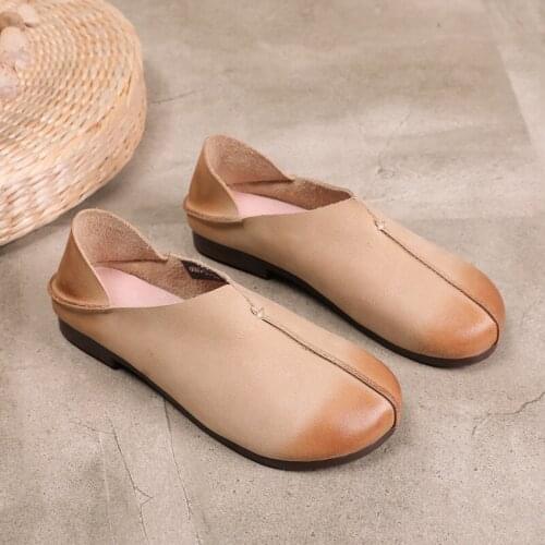 Women Genuine Leather Shoes Woman Flat Flexible Slip On Round Toe soft Retro Comfortable fashion Casual shoes for women 2020