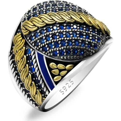 Turkey Jewelry Blue Zircon Stone Ring Men Real 925 Sterling Silver Mens Rings Natural Vintage Gift Cool Fashion Rings