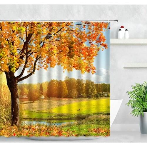 Autumn Forest Landscape Waterproof Shower Curtains Lake Yellow Leaves Trees Rural Scenery Modern Bathtub Decor Bathroom Curtain