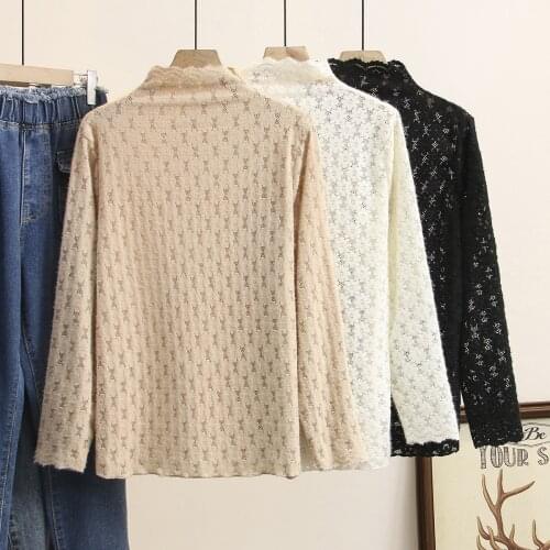 Womens Clothing T-Shirts Plus Size Spring Tees 2021 Casual Mock Neck Long Sleeve Lace Tops Camiseta Mujer