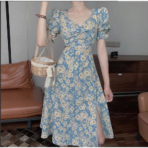 Women Long Dress Summer Korean A-line Flower Print Puff Sleeve Vestidos De Mujer Casual Elegant Linen Party Dresses Robe Femme