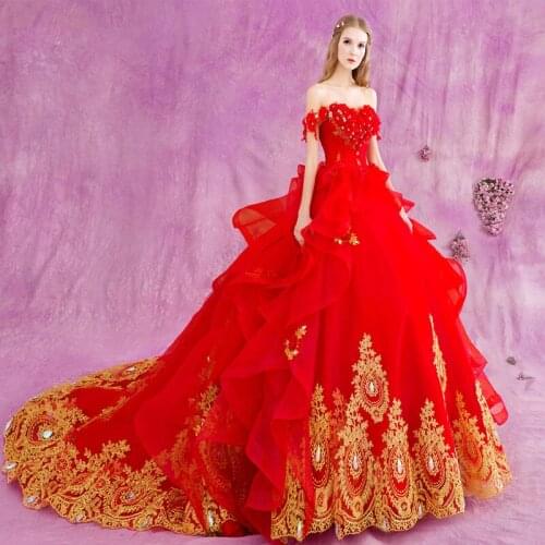 2021 robe de mariage mariee Red Wedding Dress Ball Gown With Golden Lace Appliques Wedding Gowns vestidos de novia