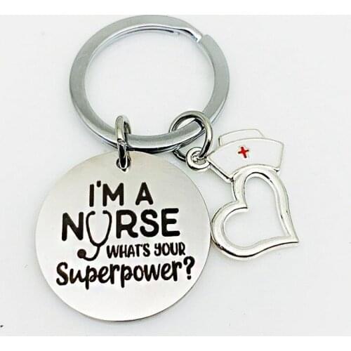 100pcs/lot I'm a nurse whats your supper power keyring nurse gift nurse hat charm stainless steel keychain