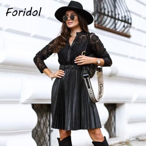 Hollow Out Long Sleeve Design PU Leather Black Lace Dress Women Elegant Fashion Party Dress Vestidos De Mujer Autumn Winter