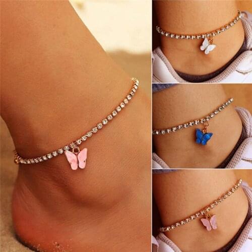 Butterfly Anklet Bracelet for Women Gold Color Rhinestone Leg Bracelet Summer Barefoot Beach Accessories Ankle Bracelet Jewelry