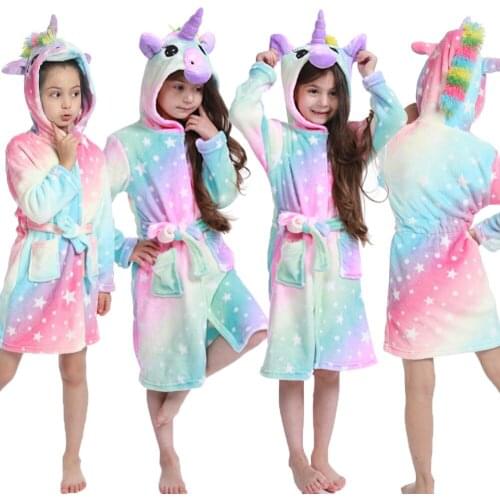 Kigurumi Children Bathrobe Baby Bath Robe Animal Rainbow Unicorn Hooded Bathrobes For Boys Girl Pyjamas Nightgown Kids Sleepwear