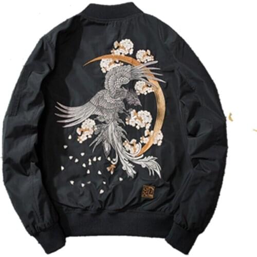 Black Men Autumn Parka Winter Warm Jacket Embroidery Phoenix and flowers Flight Bomber Jacket coat Male Padded Cotton Outwear