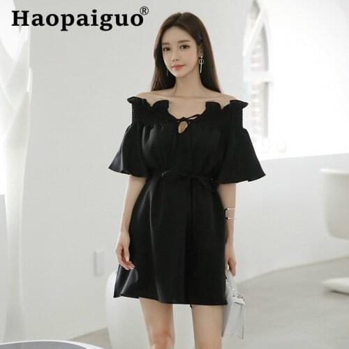 Slash Neck Black Mini Dress for Women with Sashes Solid Sexy Party Dress Women A-Line Ruffles Corset Flare Sleeve Ladies Dress