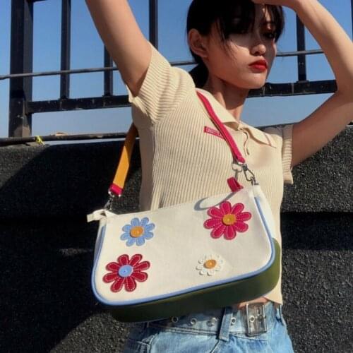 Fashion Design Women Canvas Armpit Underarm Bag Vintage Flower Ladies Baguette Purse Handbags Female Girls Small Shoulder Bags