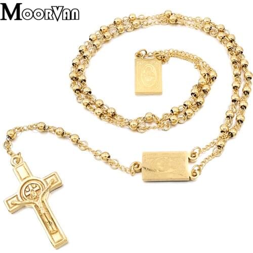 Moorvan 4mm,66cm long gold color men rosary bead necklace Stainless steel Religion of Jesus ,women cross jewelry, 2 colors