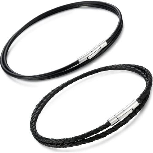 Black Leather Chain Necklace for Women Men Handmade Braid Rope Long Necklace Neck Pendant Chain Jewelry Gift