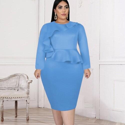 Plus Size Long Sleeve Dresses Blue Ruffled O Neck Bodycon High Waist Classy Big Size Autumn Women Party Evening Club Lady Dress